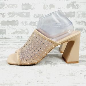 NEW Open Edit Sienna Tan Block Heel Embellished Mesh Slide Sandals T474